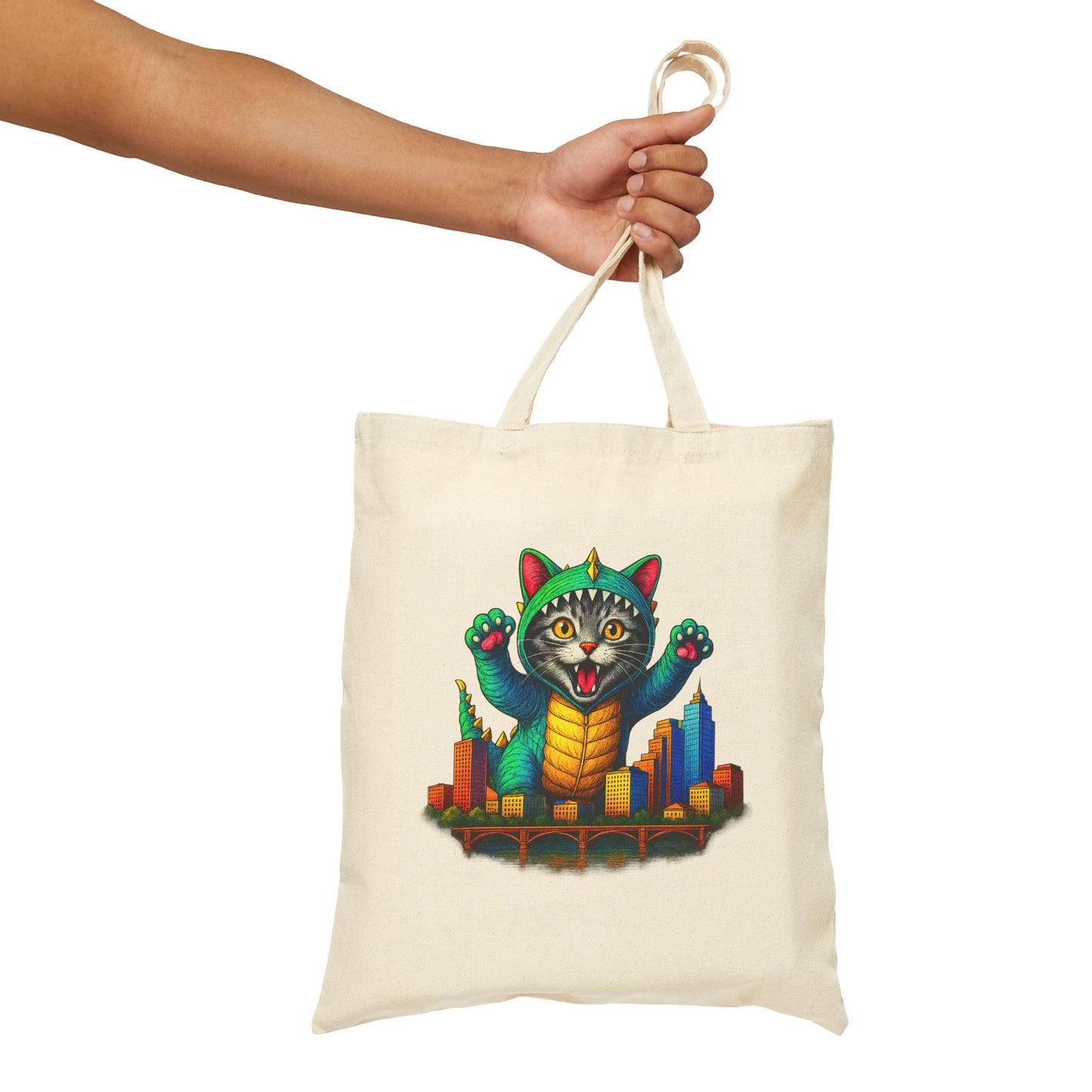 Bold Cat Over Austin Cityscape Cotton Canvas Tote Bag | ATXpressions