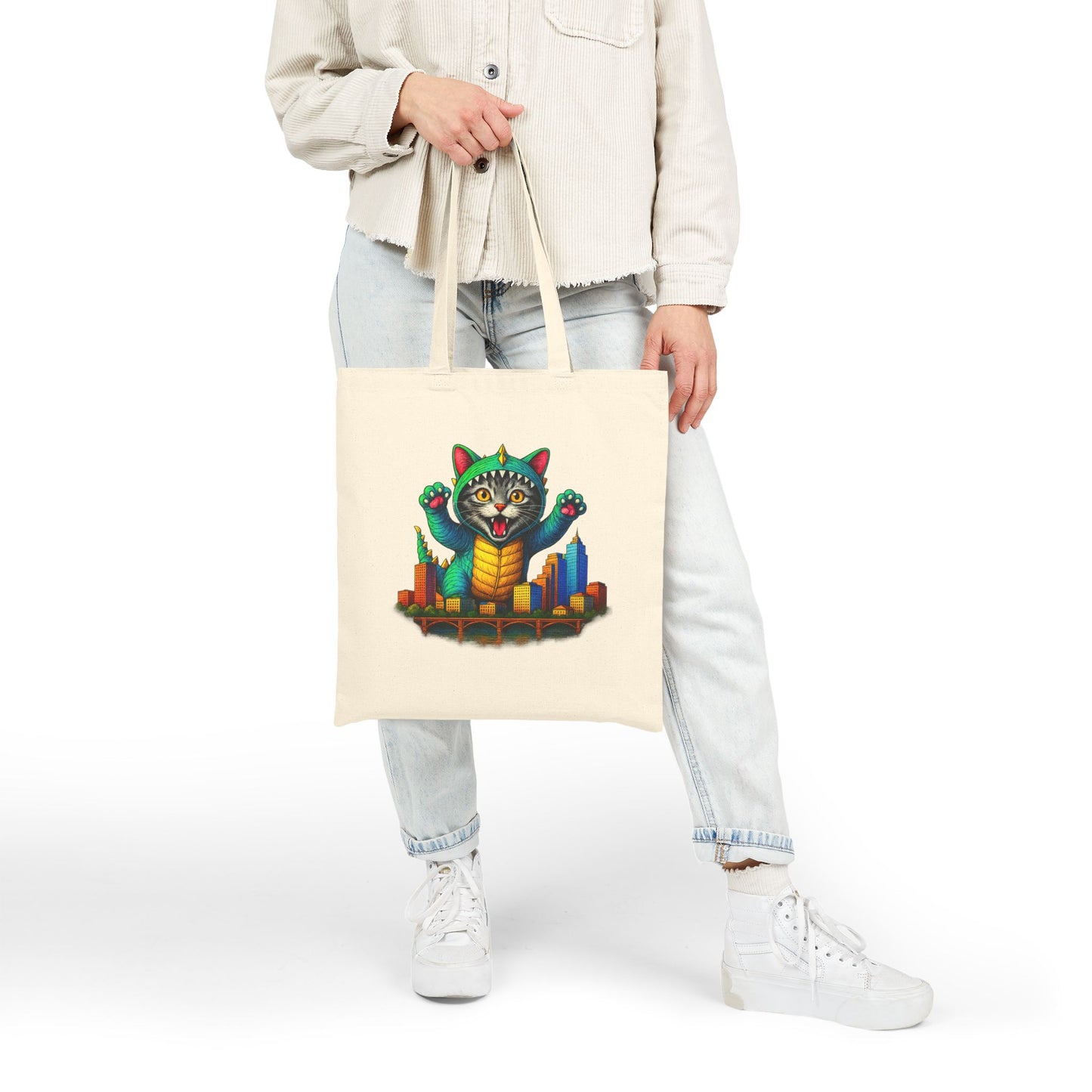 Bold Cat Over Austin Cityscape Cotton Canvas Tote Bag | ATXpressions
