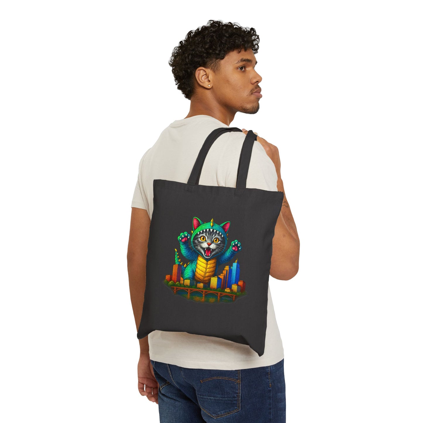 Bold Cat Over Austin Cityscape Cotton Canvas Tote Bag | ATXpressions